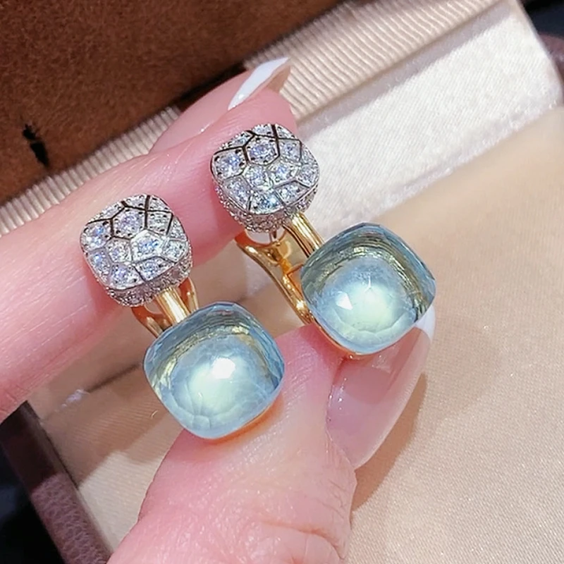 KQDANCE New 925 Sterling Silver Lab Square Blue Gemstone Cubic Earrings Luxury Real 18K Gold Plated Party Jewelry For Women
