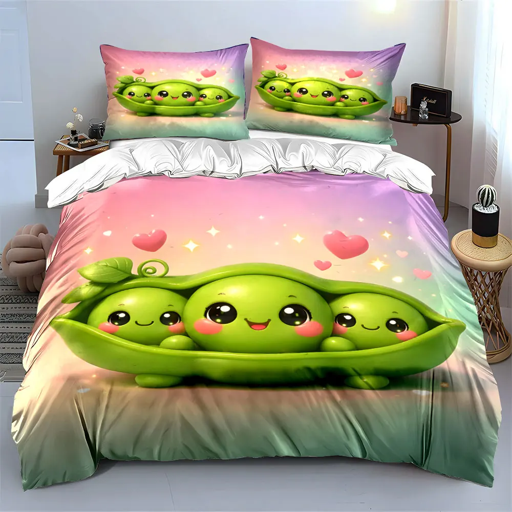 Adorable smiling cartoon peas Print Bedding Set 1 Duvet Cover 2 Pillowcases for Adult and Children Luxury Gift Full Size