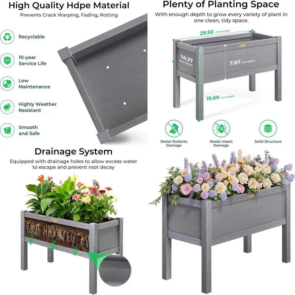 

Поднятая садовая кровать из полиэтилена высокой плотности с ножками, прочная приподнятая кашпо для уличных овощей, трав и цветов, устойчивая к атмосферным воздействиям Gardeni