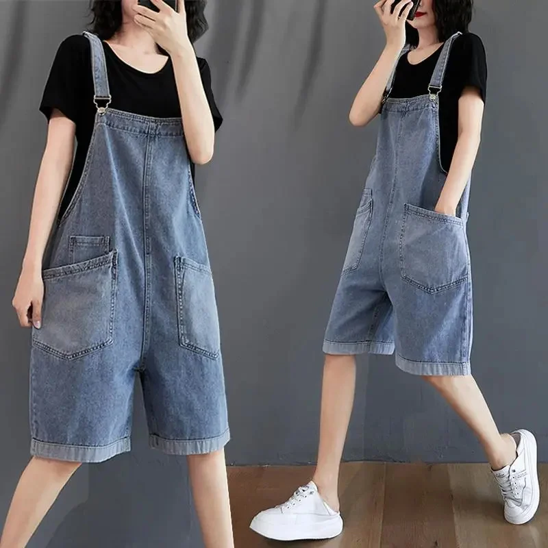 

Fashion Casual Women's Denim Strap Shorts 2024 Summer New Loose Student Sleeveless Jean Jumpsuit With pockets Female Overalls
