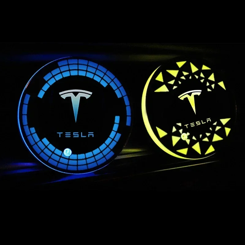 Car LED Coaster Light Water Cup Bottle Holder Interior Mat for Tesla Model 3 Y S X Roadster Cybertuck P75D P85D Auto Accessories