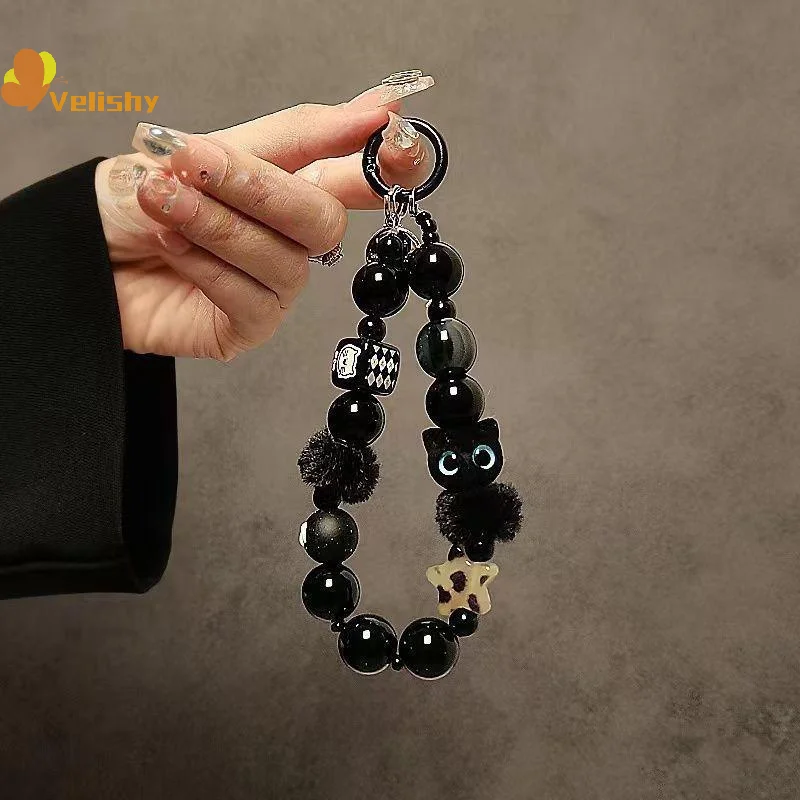Luxury Black Fluffy Cat Mobile Phone Strap With Beaded Handle Chain Wrist Anti-Theft Clip Bag Accessory