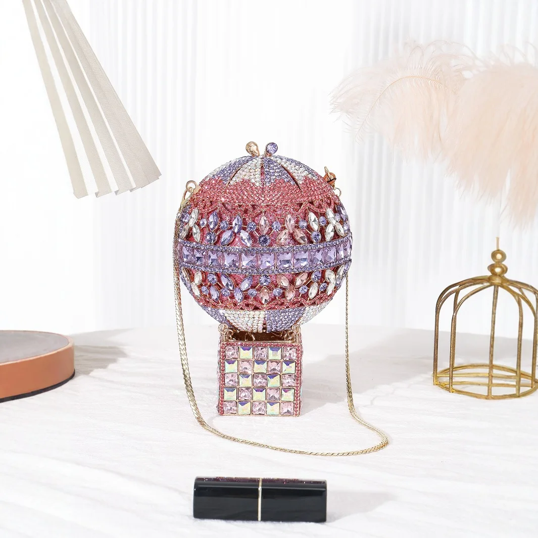 

2025Hot Air Balloon Full Diamond Dinner Fashion Wedding Clutch Women's Chain Messenger Bag Versatile Dress Rhinestone Clutch Bag