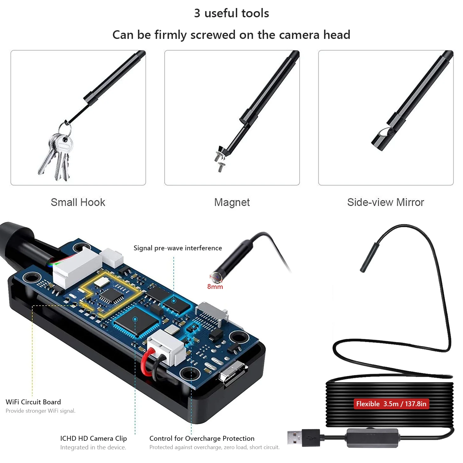 Wireless Endoscope,WiFi Borescope Inspection Camera 1200P HD IP68 Waterproof Snake Camera Compatible for Android iOS Tablet