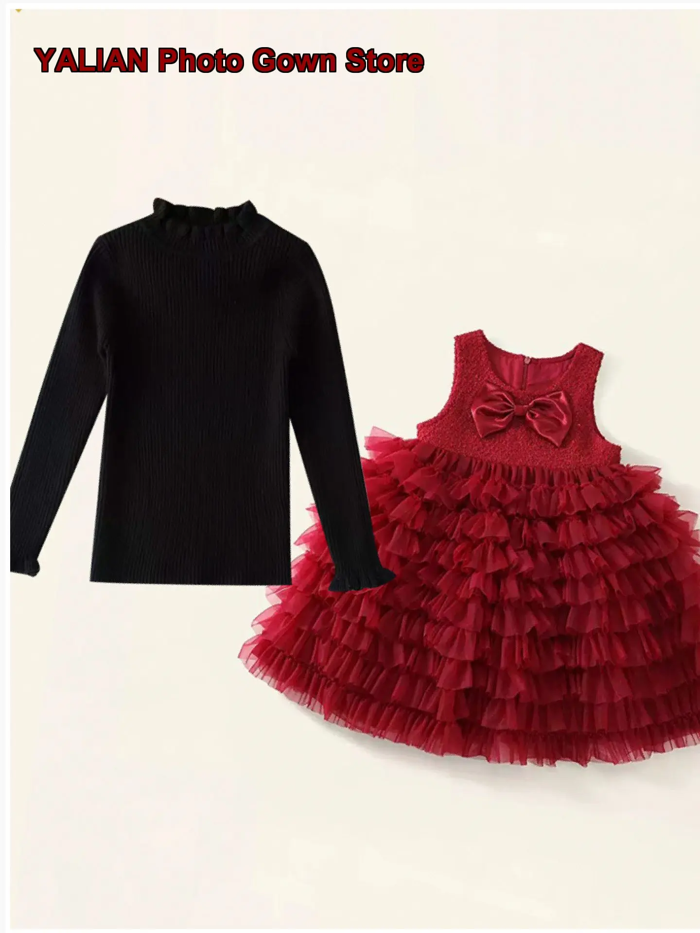 Girls Dress Two-Piece Set Kids Autumn Winter Princess Style Solid Color Festive New Year Gown