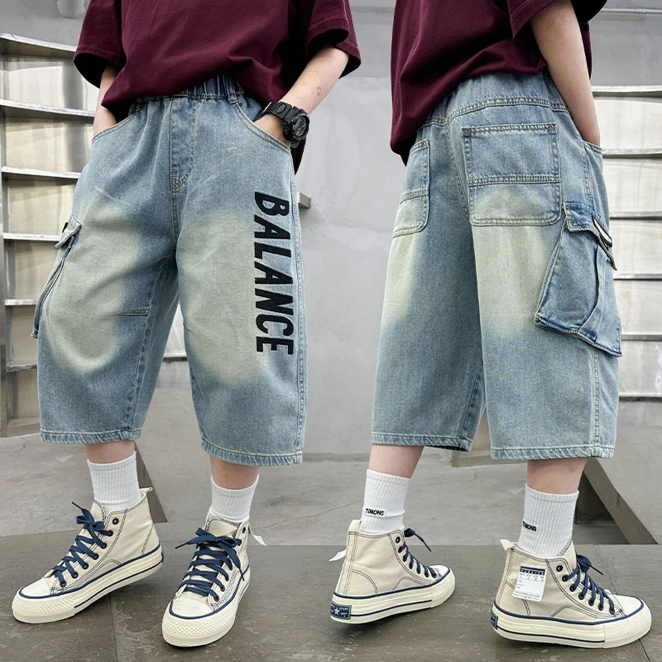 

New Arrival Summer Kids Child Fashion Jeans Shorts with Letter for Teens Boy Casual Straight Fit Denim Capris Shorts 5-14
