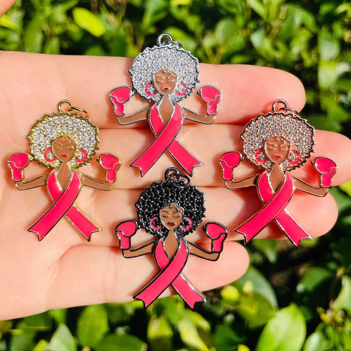 5pcs Enamel Pink Ribbon Afro Black Girl Boxer Charm for Breast Cancer Awareness Pendants Women Bracelet Necklace Making Findings