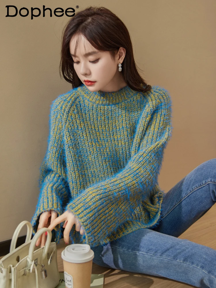 

Women's Korean-Style Loose Round Neck Pullover Solid Color Knitted Top Autumn and Winter Thickening Mohair Long Sleeve Sweaters