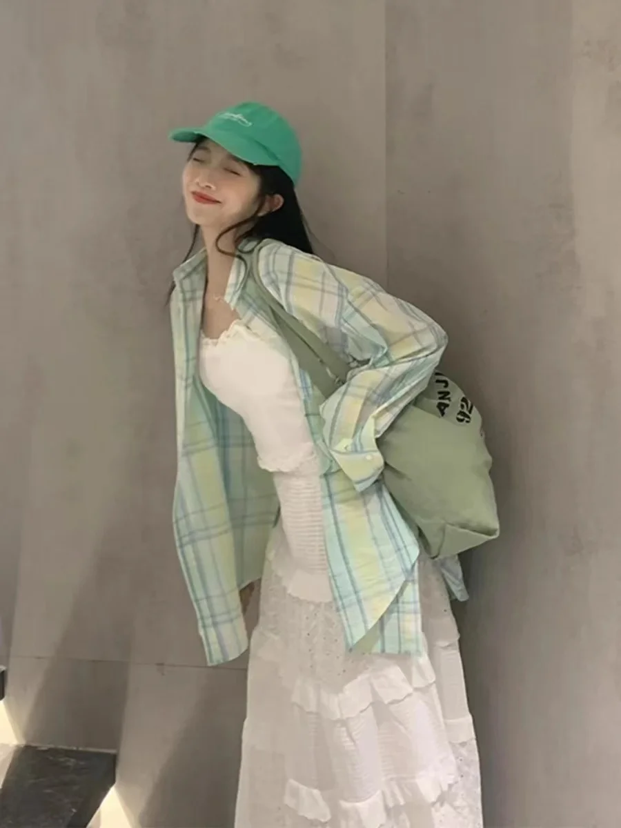 

Mint Green Plaid Shirt Women's Summer 2025 New Thin Sun Protection Long Sleeve Collar Gentle Harajuku Style Top