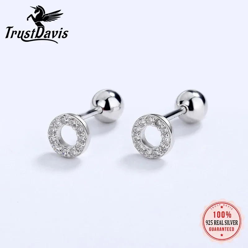 TrustDavis Real 925 Sterling Silver Round Shiny CZ Screw Stud Earrings For Women Children Baby Girls Minimalist Jewelry DB1427