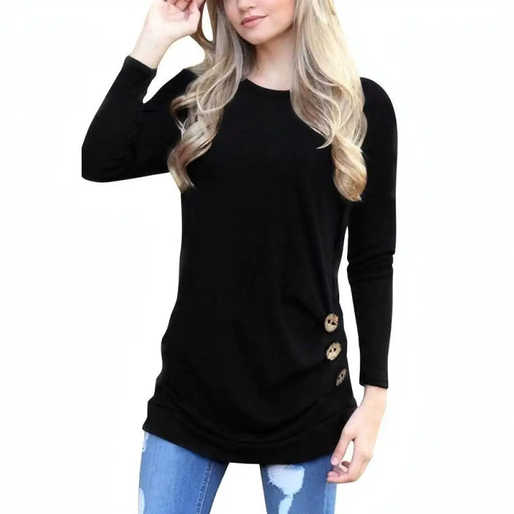 Womens Loose Long Sleeve T Shirt Autumn Winter Fashion Button Detail Crew Neck Cotton Knitted Pullover Casual Tops