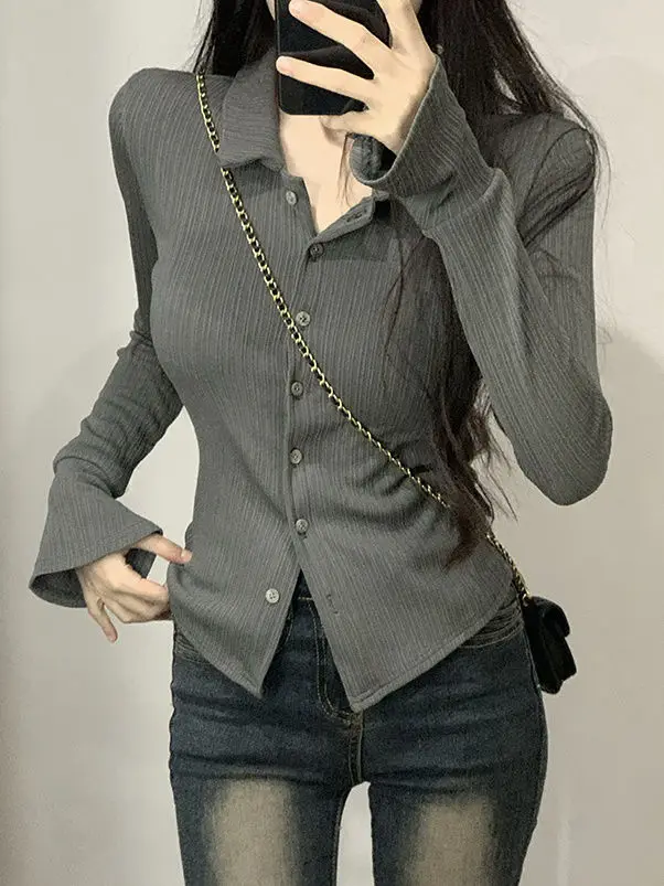 

Spring Autumn New Pure Desire Style Polo Collar Long Sleeve T-Shirt Women Slim Fit Versatile Regular Shoulder Trendy Top