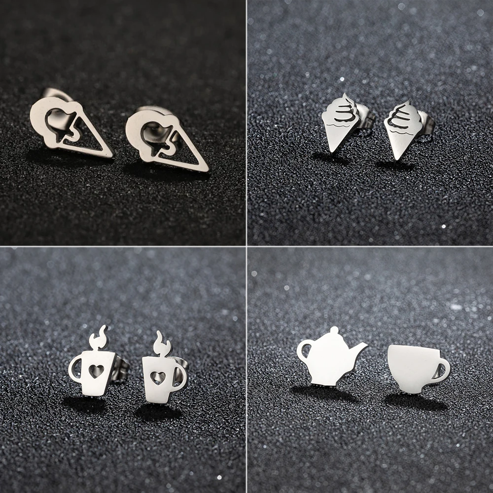 Shuangshuo 1 Pair Unqiue Creative Geometric Icecream Earrings for Women Stainless Steel Piercing Ear Stud Jewelry Party Gift