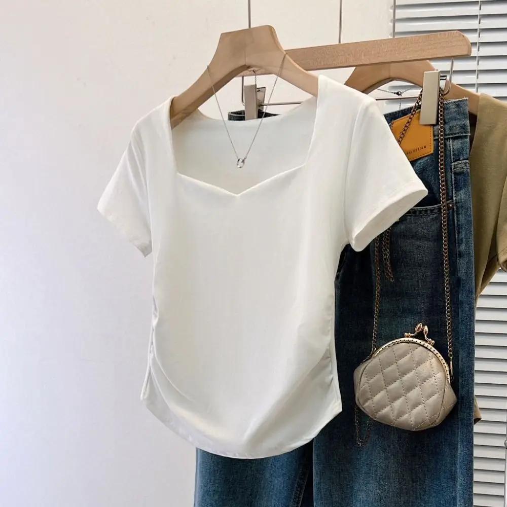 

Breathable Slim Fit Y2K Crop Tops Short Sleeves Pleated Korean T-shirt Summer Women Clothing Solid Short T-shirt Summer