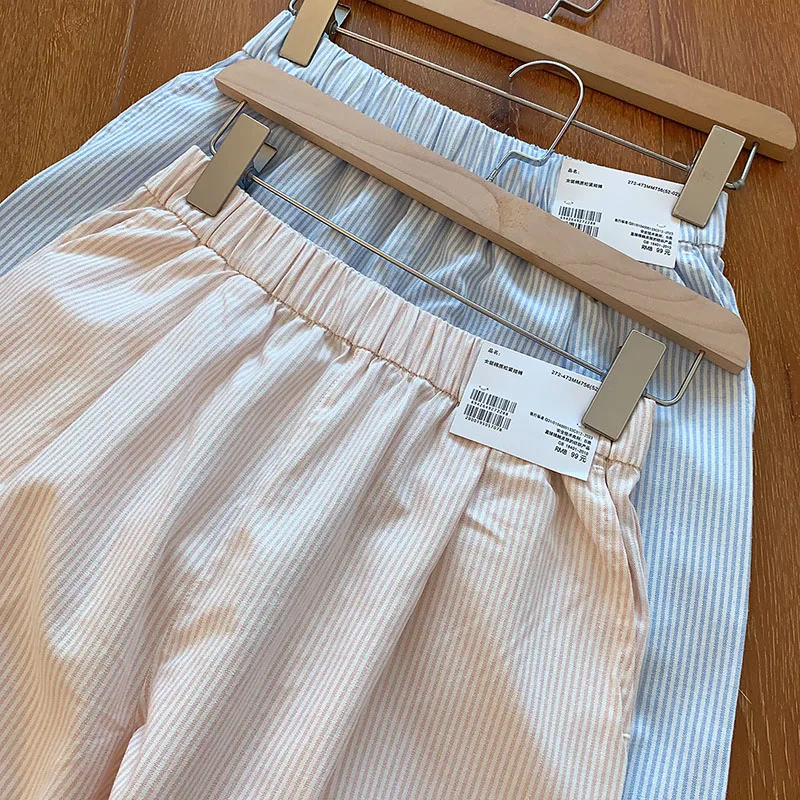 Classic Cotton Casual Shorts For Women 2025 Summer New Style Elastic Waist Loose Fit Wide Stripe A-line Wide-leg Pants