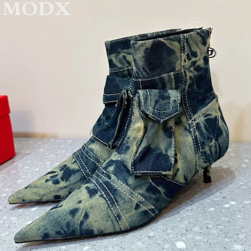 

Vintage Denim High Heeled Short Boots 2024 New Pointed Toe Sexy Fashion Genuine Leather Back Zip Ankle Boots Slim Runway Shoes