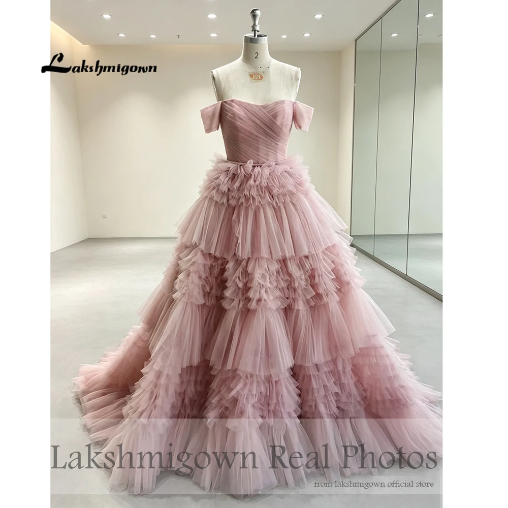Lakshmigown Rosa Netz-Abschlussballkleid, gestuft, trägerlos, Partykleid für Hochzeit, schulterfrei, Kleid für besondere Anlässe, maßgeschneidert – Detail 4
