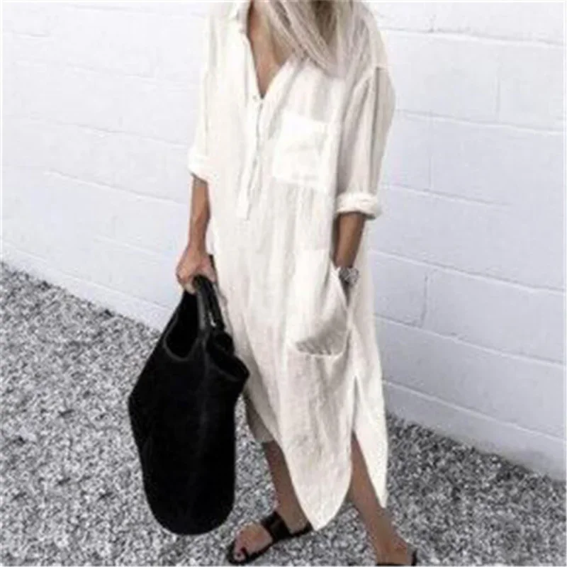 Frauen elegante Baumwolle Leinen einfarbige Kleider Sommer bequeme weibliche lässige Pendler Kleid Multi-Pocket Split Saum lose Kleid – Detail 6