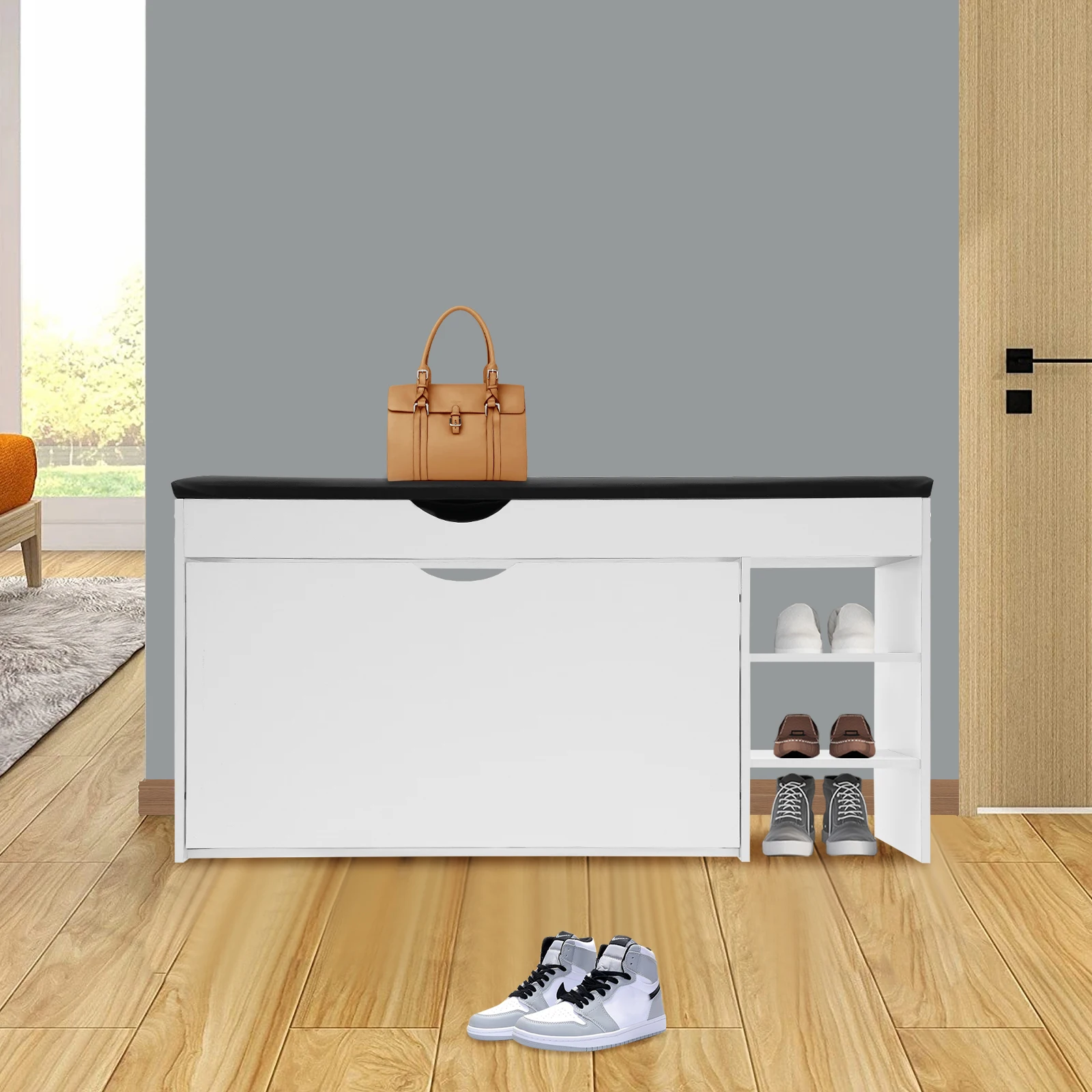 رف أحذية مكون من 3 طبقات مع مقعد مبطن وأدراج مخفية وخزانة تخزين الأحذية لمدخل المنزل