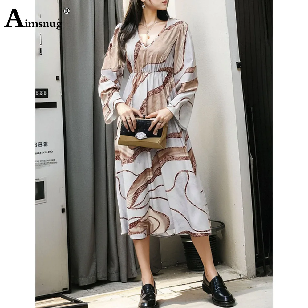 Women Elegant Mid-Calf Dress Long Sleeve Vintage 3D Print Formal Party Dresses 2024 New Summer Boho Straight Dress Femme Robe