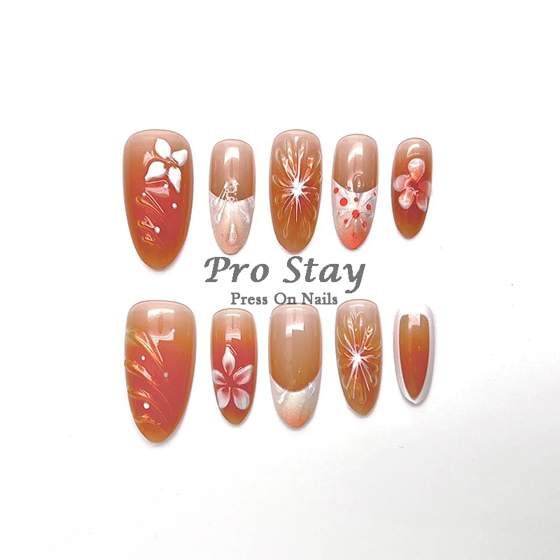 

10pcs Pink Almond French Handmade Press on Nail with Silver 3D Pearl Bow Flower Pattern Reusable Full Cover Tips for Women