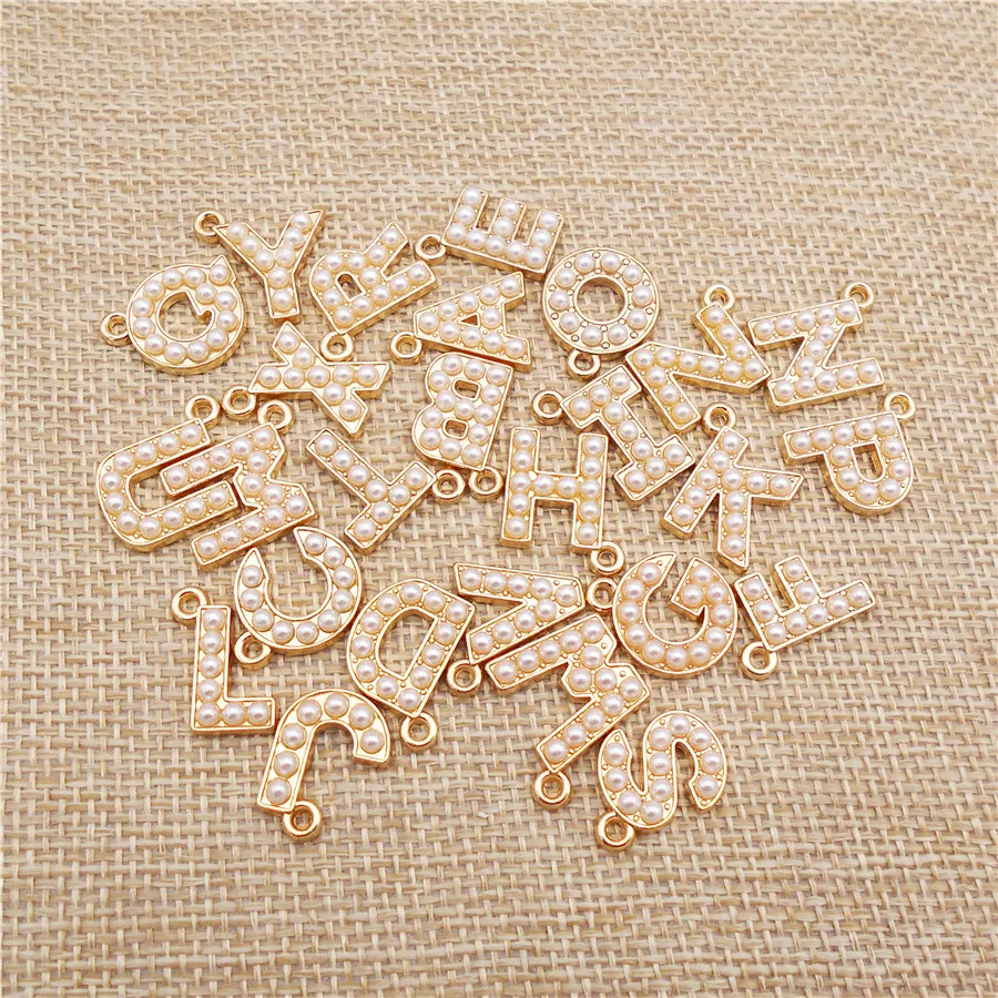 10-26PCS Alphabet Charms With Plastic Pearl Alloy Gold Color English Letter Pendant Necklace Bracelet Jewelry Accessory