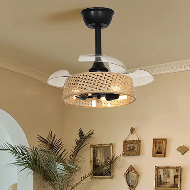 Japanese Retro Rattan Ceiling Fan Lights Dual-purpose Suction Hanging Household Bedroom and Dining Room Specific Fan Chandeliers