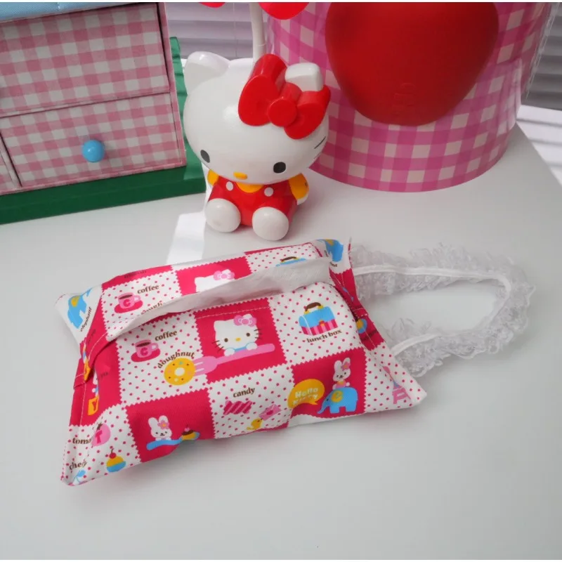 헬로 키티 티슈 박스 귀여운 애니메이션 여성 액세서리 기숙사 가정용 티슈 물티슈 보관 휴대용 차량 장식 도매