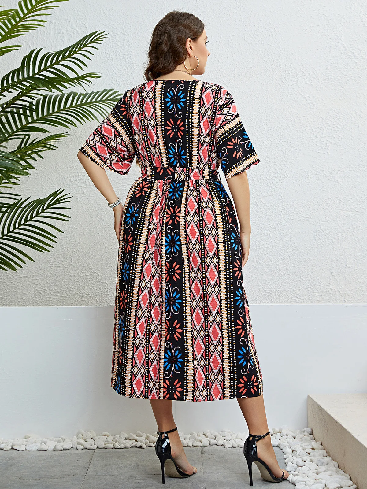 Vestido de estilo bohemio de talla grande para mujer, Vestido largo de media pantorrilla, manga larga, cuello en V, ropa holgada de talla grande