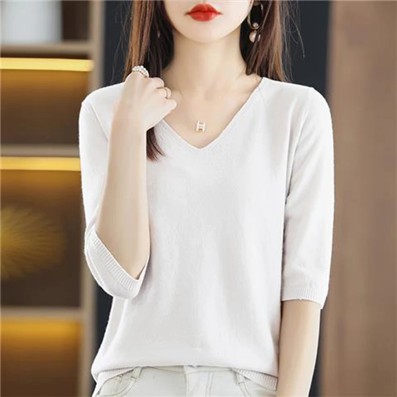 Spring Autumn Solid Loose Casual Knitting T-shirt Ladies Half Sleeve Simple All-match Jumpers Top Female Tee Women\'s Clothing