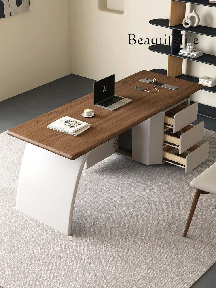 Walnut color light luxury modern solid wood desk Italian minimalist study household simple consultation table