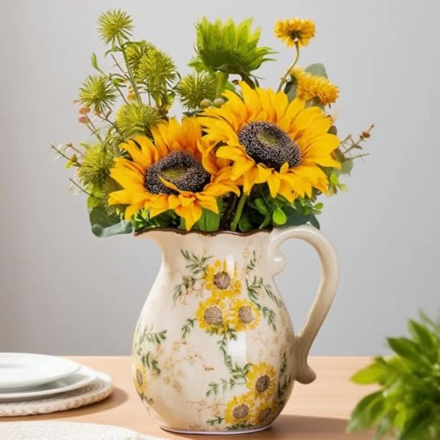 

Vintage Ceramic Floral Pitcher Vase with Handle 7.9", Rustic Farmhouse Chinoiserie Vase, Grandmillennial Decor for Living Room,