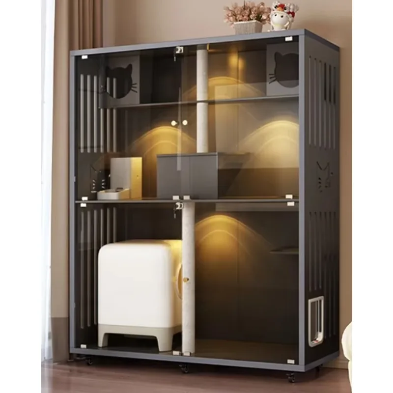 Customizable Panoramic Glass Cat Villa with Ambient Lighting Multi-Level Indoor Cat Tower with Scratching Posts Mobile Cat Cabin