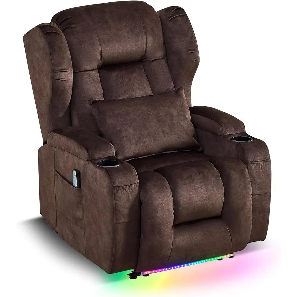 

Massage and Heat Recliner Chair for Small Spaces with LED Lighting, USB Ports, and Cup Holders in Velvet Chestnut