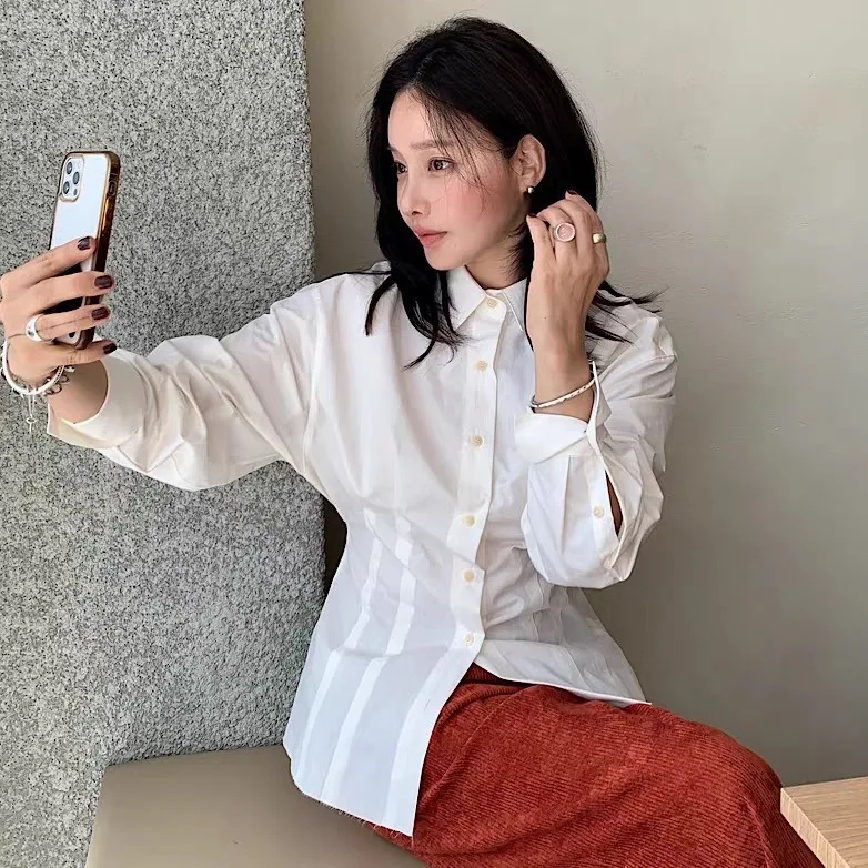 

Шикарный корейский женский топ Irt Slim Fit Long Sve с отложным воротником для поездок на работу, однотонный осенне-зимний топ с поясом