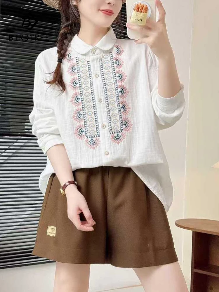 

New 2025 Autumn Cotton Yarn Long Sleeve Shirt, Women Turn-down Collar Embroidery, Mori Girl Ethnic Style Loose Blouse T59250CC