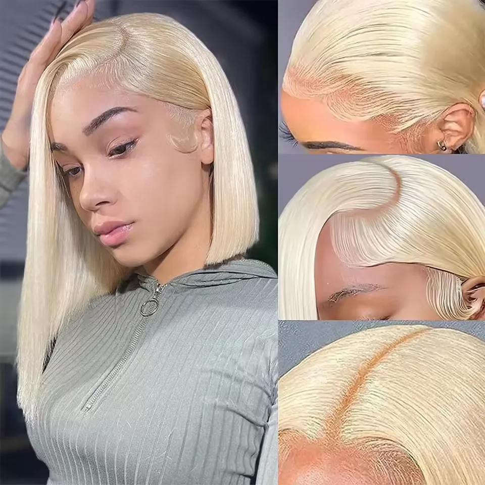 

613 Short Blonde Bob Human Hair Wigs Straight Bone 13x4 HD Brazilian Human Hair Lace Front Wig For Women 180% Density 10 Inches