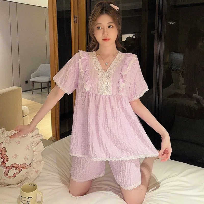 

Outwear Summer New Women Small Fragrant Crepe Short Sleeved Pajama Set Fashion Sweet Cute Princess Girl Home Sleep Clothes Suit