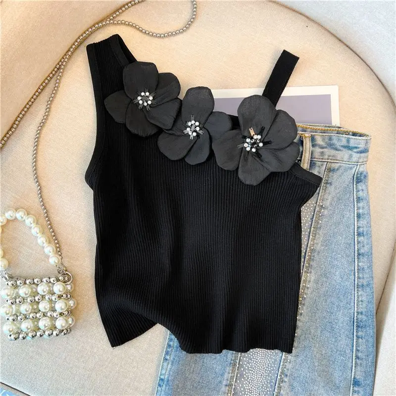 

Women Summer New Suspenders Knit Bottom Shirt with Trendy Design Sexy Off the Shoulder Flower Splicing Sleeveless Versatile Tops