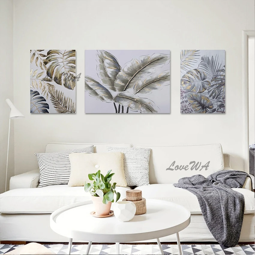 3d Beautiful Picture Scenery Art Modern Canvas Painting 3PCS Unframed Large Leaf Gold Foil Design Abstract Plant Wall Decor