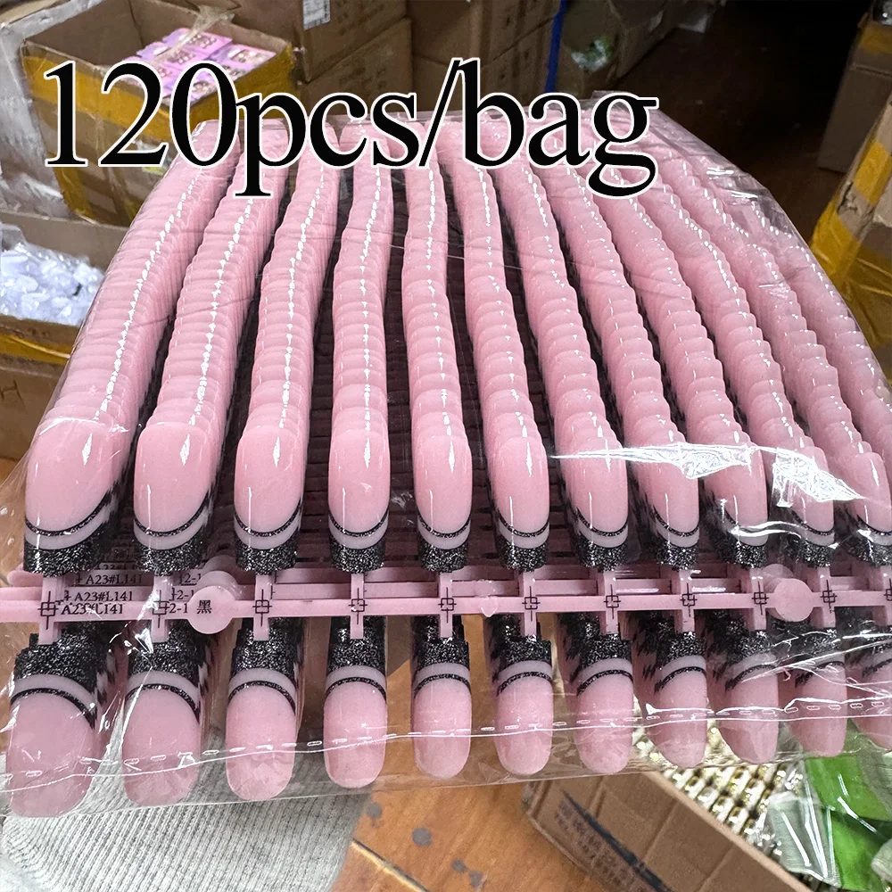 

120pcs French Glitter False Nails Black Lines Design glitter press on nail Coffin/Almond Short Medium Long Wearable Fake NailTip