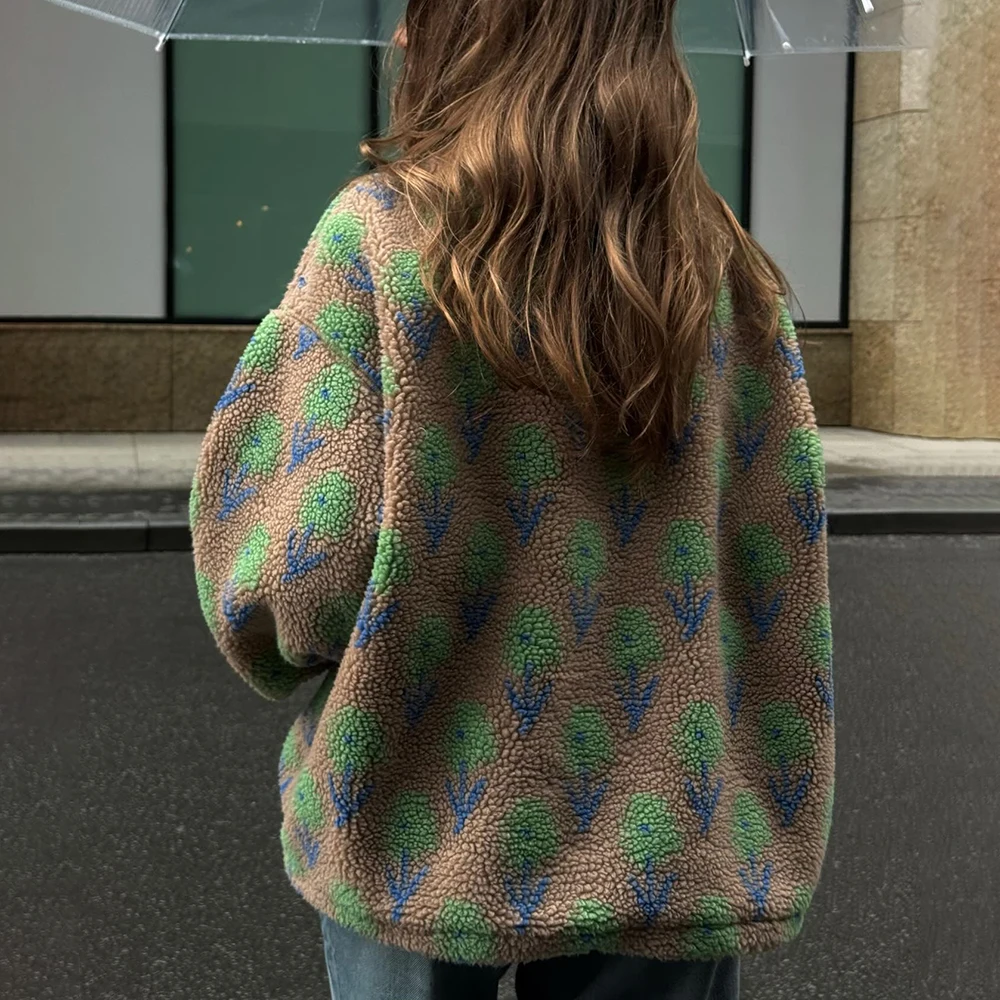 Ticketsx المرأة المطبوعة فرو الضأن هوديس خمر أزياء الأزهار التباين فضفاض البلوز خريف شتاء عارضة الشارع مكتب هوديس #6