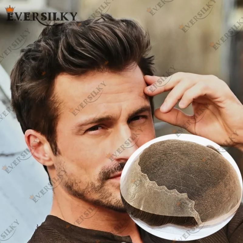 شعري طبيعي عقدة مبيضة غير مرئية تنفس الدانتيل السويسري مع الجلد بولي PU الظهر الرجال الشعر المستعار 130% الكثافة البني Q6 استبدال الشعر #1