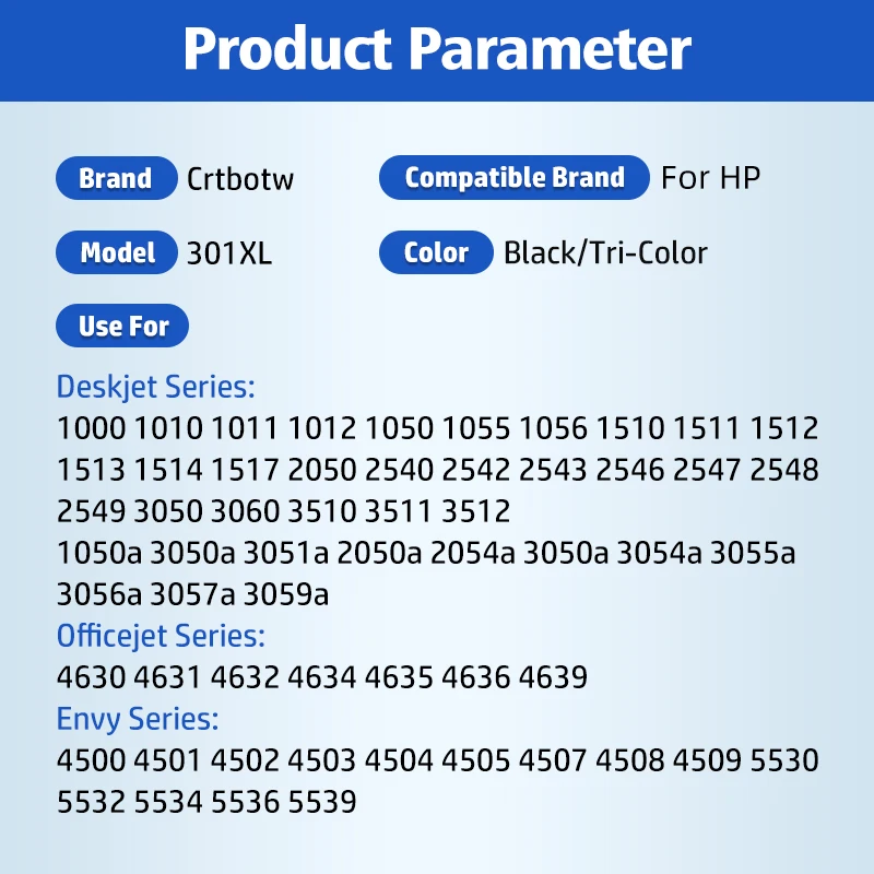 CRTBOTW Replacement 301 XL Ink Cartridge For HP 301XL HP301 Compatible Envy 4500 Deskjet 2630 2540 2510 1000 1050 Printer