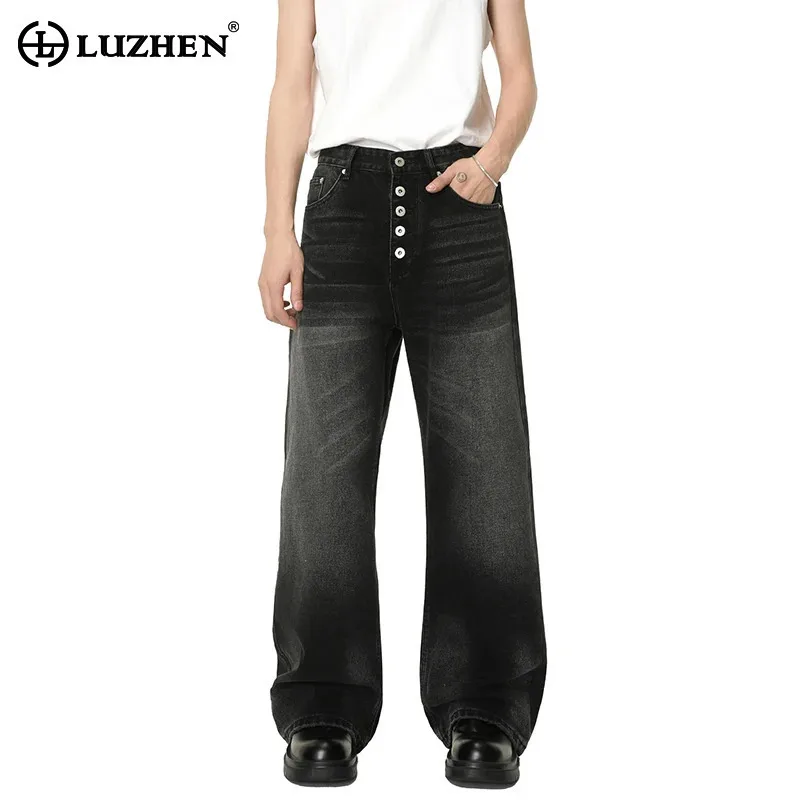

LUZHEN 2025 New Stylish Vintage Wornout Washed Buttoned Decorate Straight Jeans Men's Fashion Handsome Casual Denim Pants JY5601