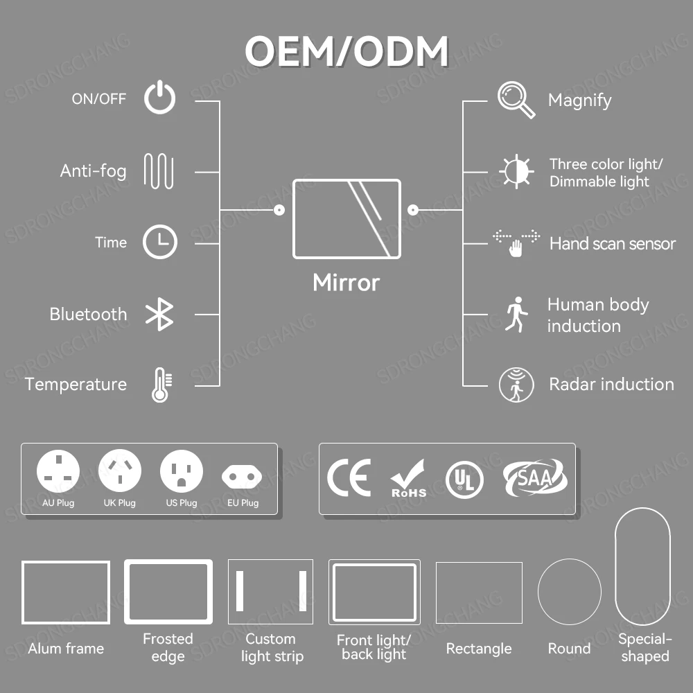 Commercio all'ingrosso di alta qualità telaio in allume decorativo di forma rotonda sensore del corpo umano Smart Touch Screen LED specchio luminoso bagno