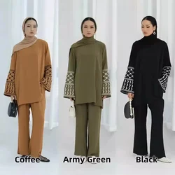 Ramadan Muslim 2 Piece Set Women Tops Wide Leg Pants Suit Embroidery Morocco Arabic Outfits Dubai Islam Casual Trousers Ensemble