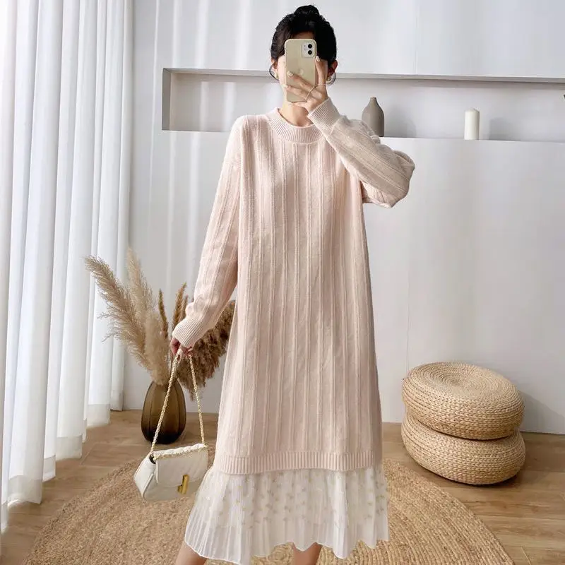 

Women Long Sleeve Dress with Lace Decoration Mid-calf Length Straight Loose All-match Thickening Warm Autumn Winter New B148