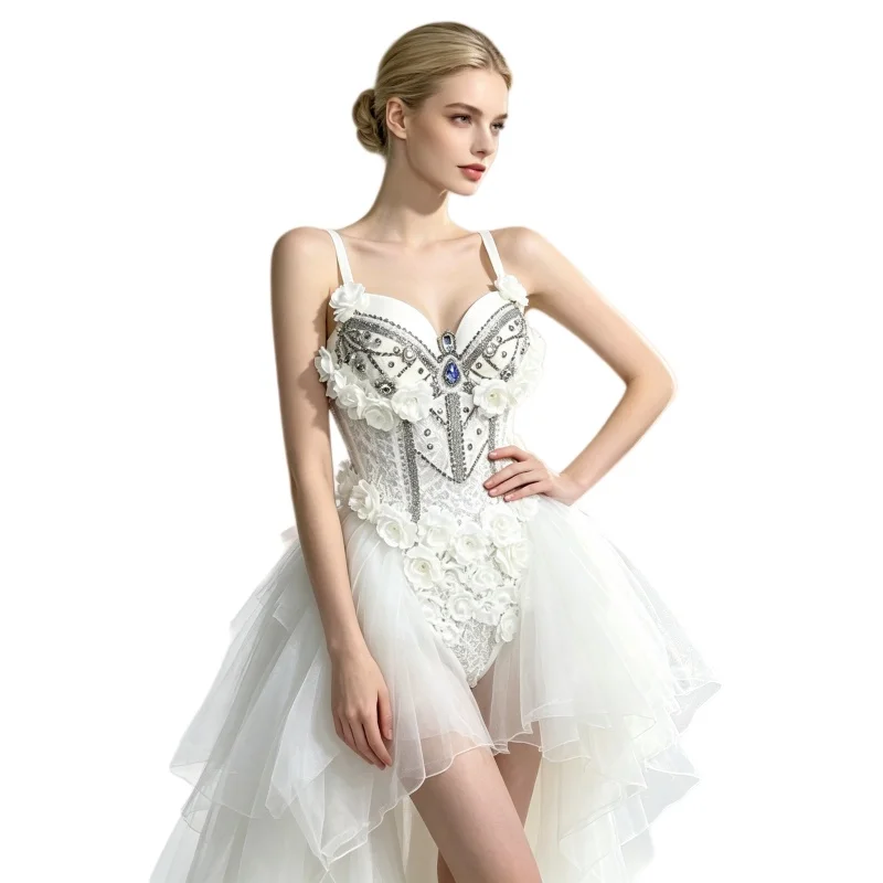 White Lace Flower Crystal Bodysuit for Women Sexy Party Show Festival Outfit Nightclub Bar Performance Costume for Singer Dancer