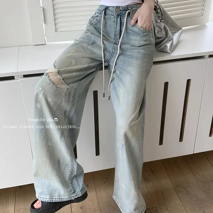 2024 spring and summer new style distressed jeans for women high waist washed straight wide leg trousers